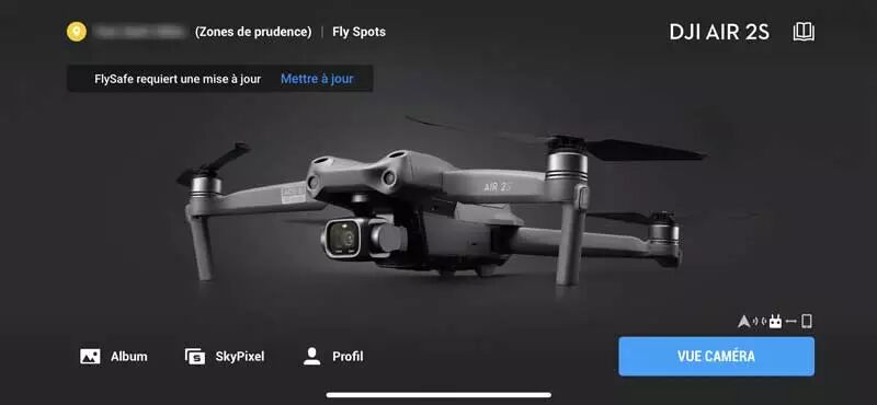 Écran d'accueil de l'application DJI Fly