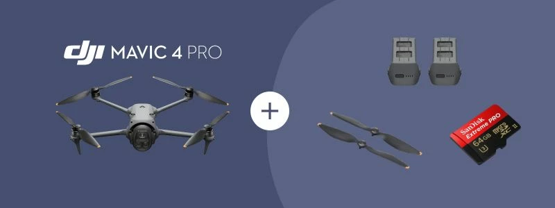 Drone DJI Mavic 4 Pro avec accessoires essentiels : batteries, hélices de rechange et carte microSD SanDisk 64 Go
