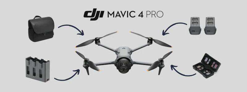 Drone DJI Mavic 4 Pro entouré de ses accessoires indispensables : filtres ND, batteries, chargeur multiple et sac de transport