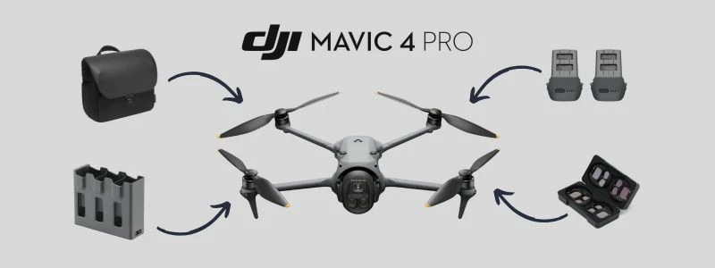Le DJI Mavic 4 Pro accompagné de ses accessoires essentiels : filtres ND, batteries, chargeur multiple et sac de transport.