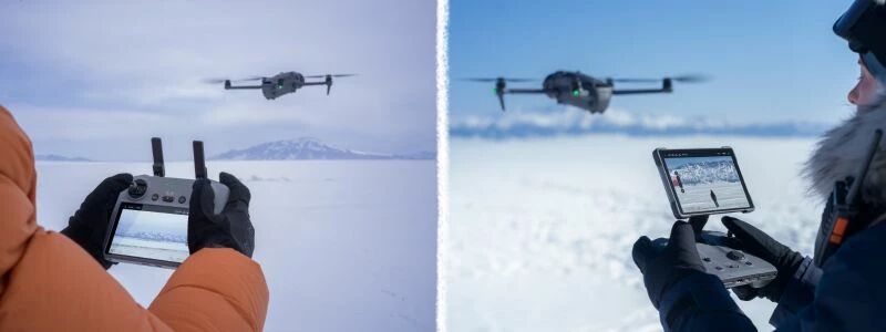 Pilotage du DJI Mavic 4 Pro avec radiocommandes en conditions hivernales sur terrain enneigé