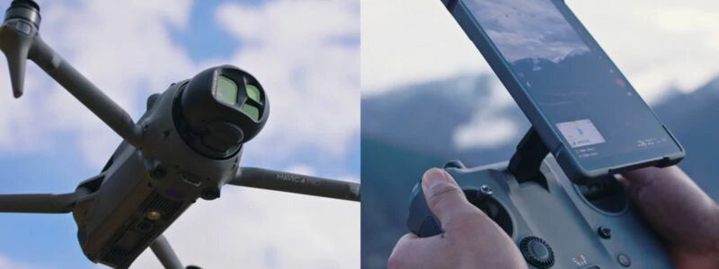 Drone DJI Mavic 4 Pro en vol et pilotage via smartphone affichant une vue en mode portrait