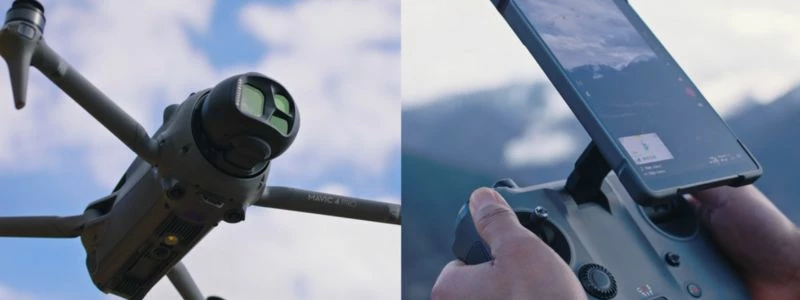 Drone DJI Mavic 4 Pro en vol et pilotage via smartphone affichant une vue en mode portrait