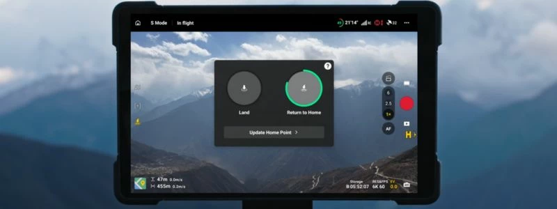 Interface de retour automatique (Return to Home) du drone DJI Mavic 4 Pro affichée sur la radiocommande DJI RC Pro 2.