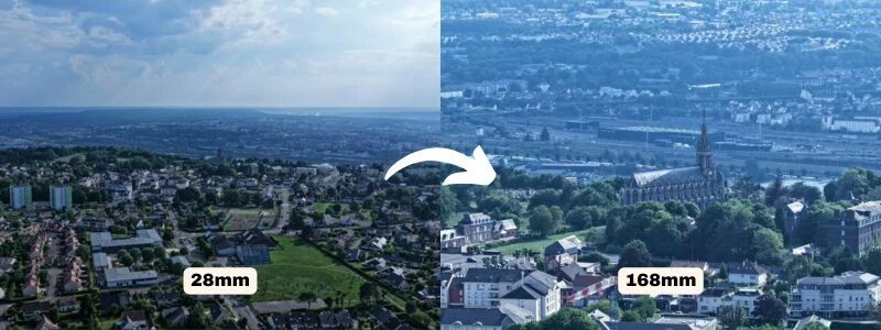 Transition du zoom du DJI Mavic 4 Pro entre 28 mm grand-angle et 168 mm en téléobjectif