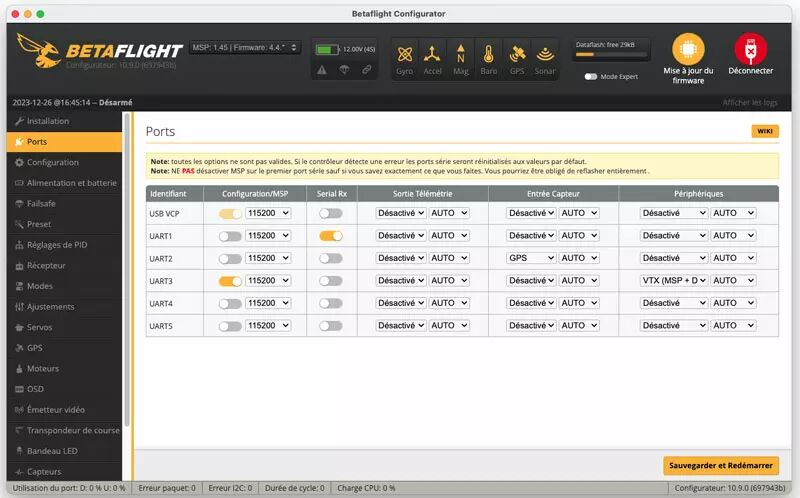 Différents UARTs sur Betaflight