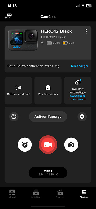 Capture d'écran de l'application mobile GoPro Quik