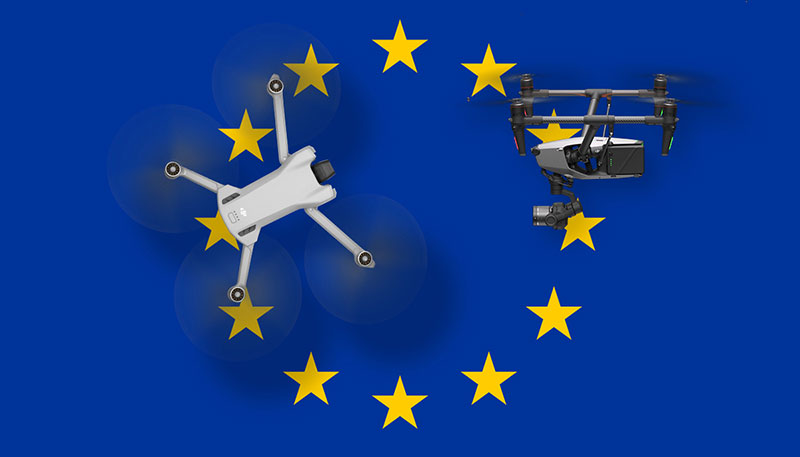 Deux drones loisir et professionnel avec un drapeau européen en fond