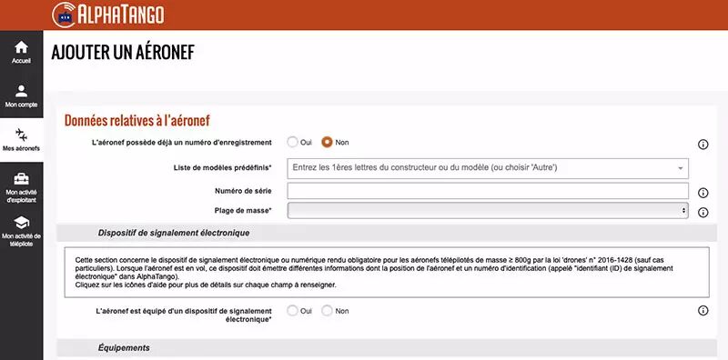 Capture d'écran du site AlphaTango pour enregistrer son drone