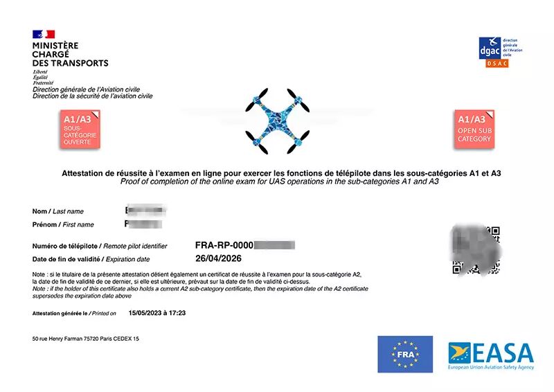 Attestation de réussite de l'examen A1/A3