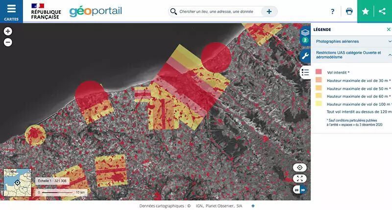 Capture d'écran d'une zone restrictive dans Géoportail