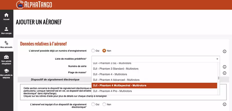 Capture d'écran du site AlphaTango pour enregistrer un drone