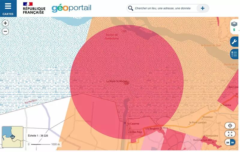 Capture d'écran d'une zone de restriction Mont Saint Michel dans Géoportail