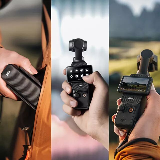 Image dcoupe en 3 partie, la premire est une personne sortant le DJI Pocket 3 de la poche de sa veste. La deuxime partie est l'Osmo Pocket 3 dans la main de quelqu'un qui est en train de choisir un mode pour filmer. La dernire partie est une personne filmant un paysage avec le Pocket 3.