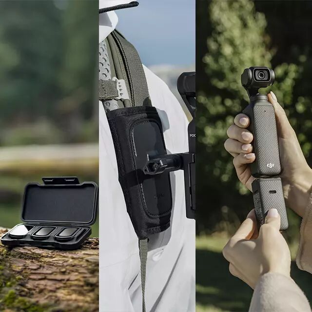 L'image est spare en 3 parties, la premire le DJI Pocket 3 avec une boite contenant 3 filtres. La deuxime partie contenant l'Osmo Pocket 3 accroch  un sac  dos et la dernire contenant une personne ajoutant un accessoire au bas du Pocket 3.