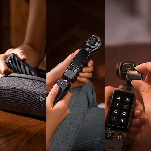 L'image est spare en 3 parties. La premire est une femme rangeant le DJI Pocket 3 dans sa pochette de transport. La deuxime est une femme branchant une poigne  l'Osmo Pocket 3. Et la dernire est une femme installant un filtre correctif sur le Pocket 3.