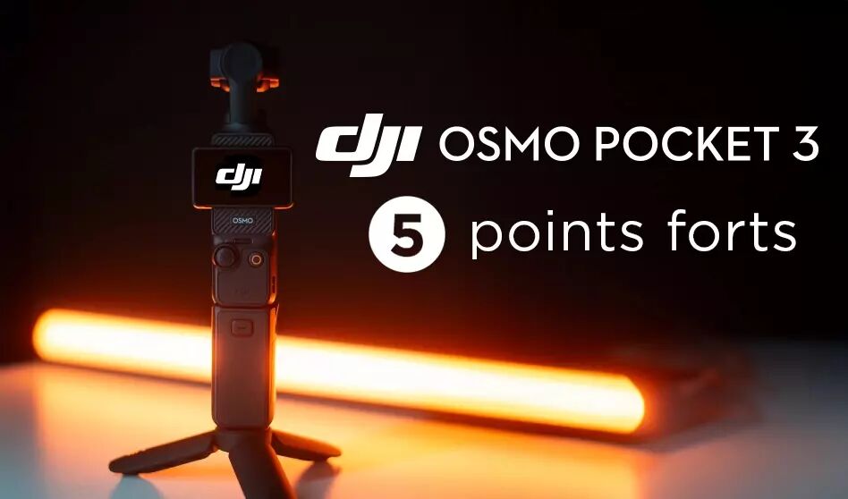 DJI Pocket 3 sur un fond noir avec une barre LED orang.  sa gauche, un texte indiquant les 5 points forts du DJI Pocket 3