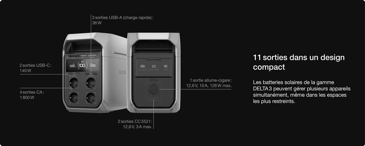 Les 11 ports de la station de charge Delta 3 (Ecoflow)